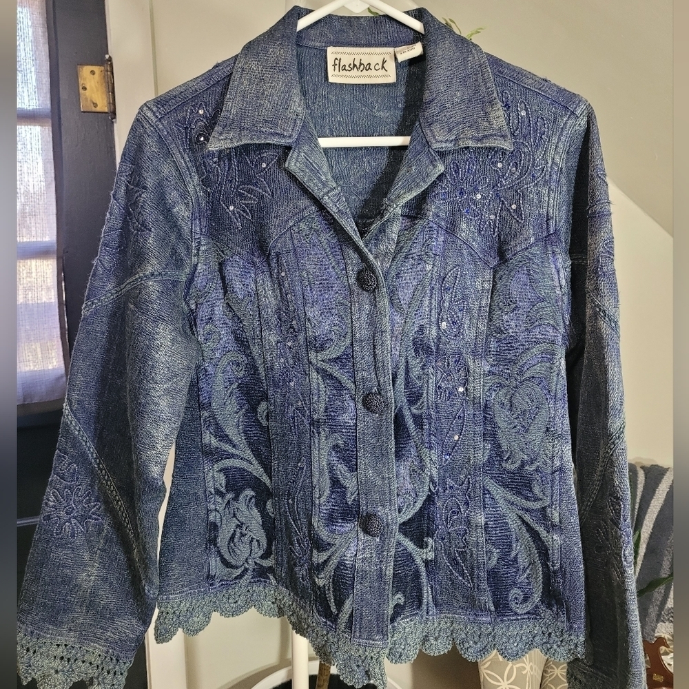 Vintage Flashback Couture Stylish Metallic Blue Embroidered Jacket Boho Medium